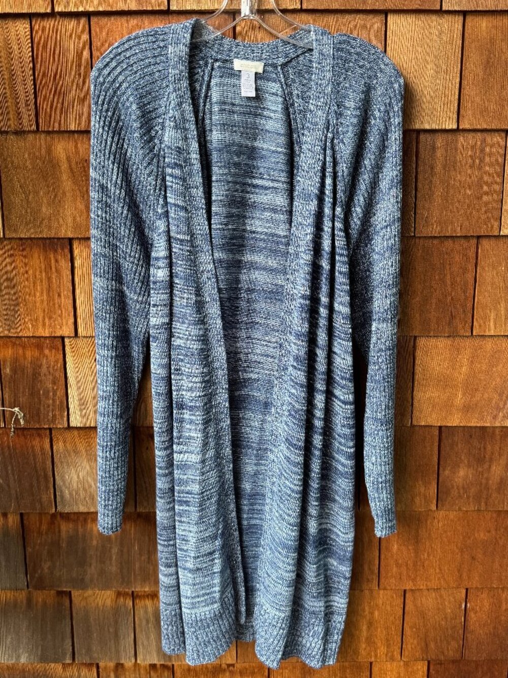 Chico's Blue Metallic Silver Cassia Knit Long Open Cardigan in Women's 16